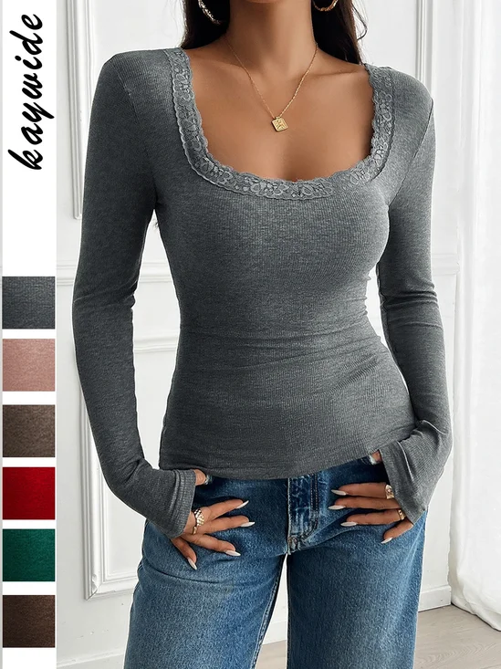 Damen Geblümt Langarm T-Shirts T-Shirt Karree-Ausschnitt Nahtverarbeitung Lässig Frühling/Herbst Oberteile
