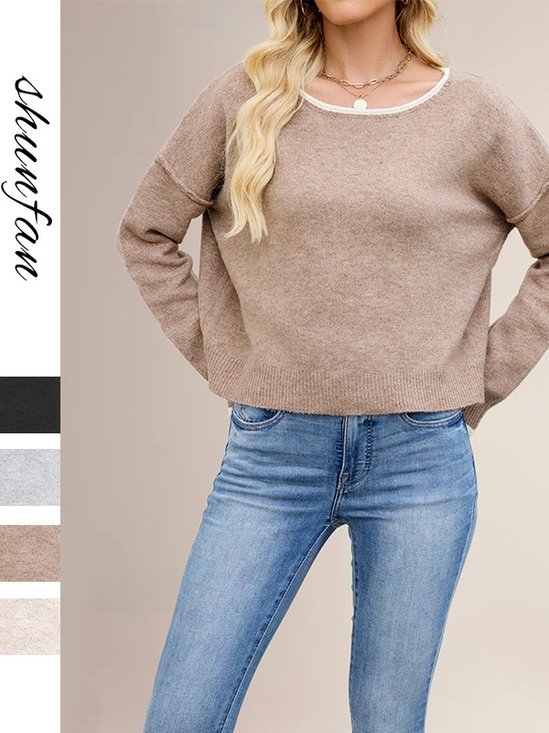 Damen Unifarben Nahtverarbeitung Winter Straße Langarm Rundhals Pullover