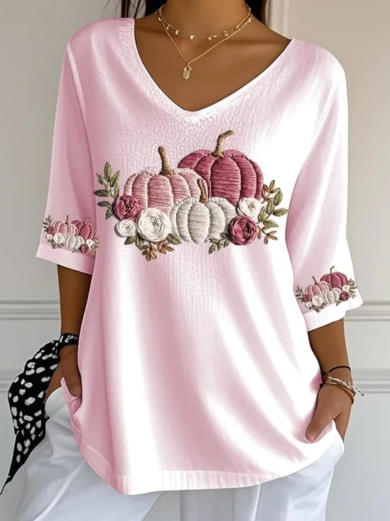 Damen Geblümt Dreiviertelärmel T-Shirts T-Shirt V-Ausschnitt Print Lässig Frühling/Herbst T-Shirt mit Grafik Oberteile