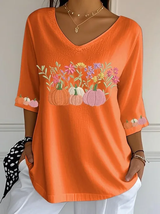 Damen Geblümt Dreiviertelärmel T-Shirts T-Shirt V-Ausschnitt Print Lässig Frühling/Herbst T-Shirt mit Grafik Oberteile