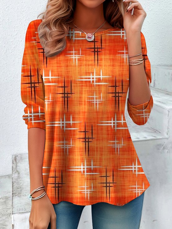Damen Geometrisch Langarm T-Shirts T-Shirt Rundhals Retro Frühling/Herbst Oberteile