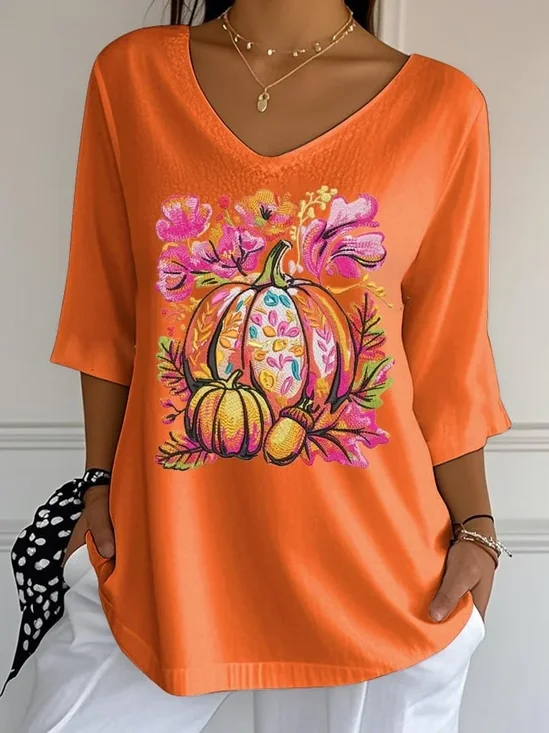Damen Geblümt Dreiviertelärmel T-Shirts T-Shirt V-Ausschnitt Print Lässig Frühling/Herbst T-Shirt mit Grafik Oberteile