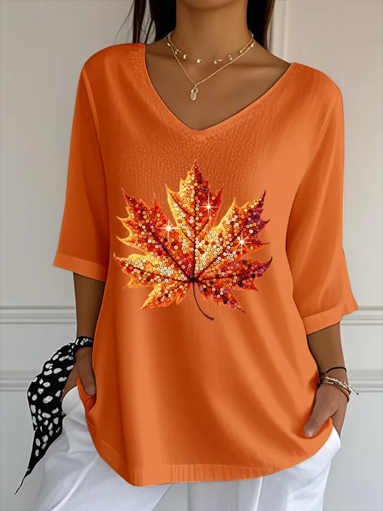 Damen Ahornblatt Dreiviertelärmel T-Shirts T-Shirt V-Ausschnitt Print Lässig Frühling/Herbst T-Shirt mit Grafik Oberteile