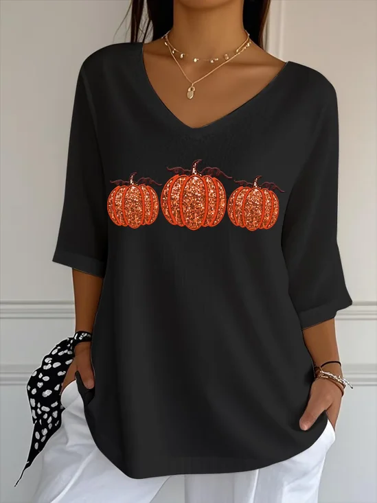 Damen Halloween (Kürbis) Dreiviertelärmel T-Shirts T-Shirt V-Ausschnitt Print Lässig Frühling/Herbst T-Shirt mit Grafik Oberteile