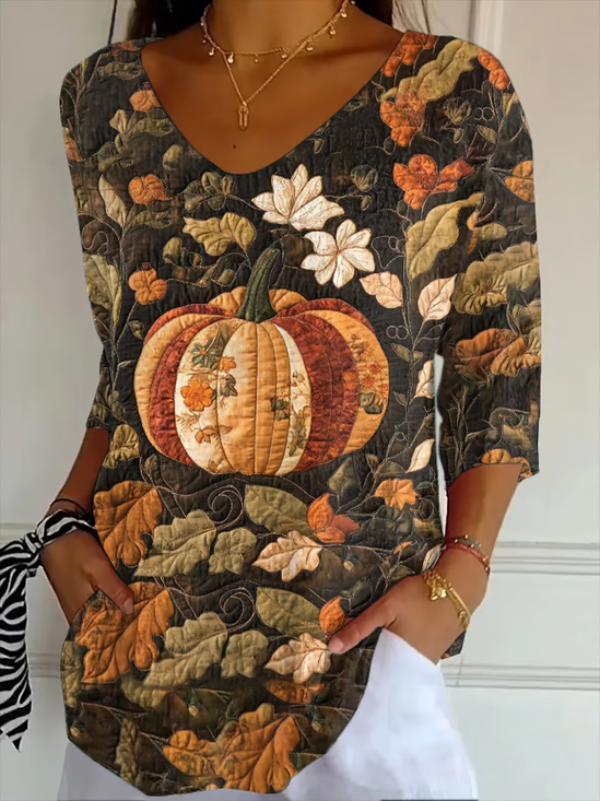 Damen Geblümt Dreiviertelärmel T-Shirts T-Shirt V-Ausschnitt Print Lässig Frühling/Herbst T-Shirt mit Grafik Oberteile