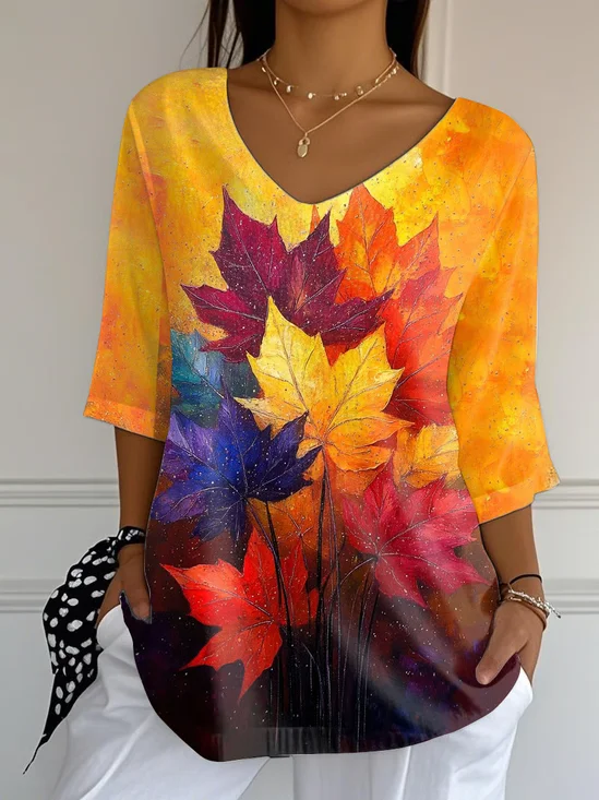 Damen Ahornblatt Dreiviertelärmel T-Shirts T-Shirt V-Ausschnitt Print Lässig Frühling/Herbst T-Shirt mit Grafik Oberteile
