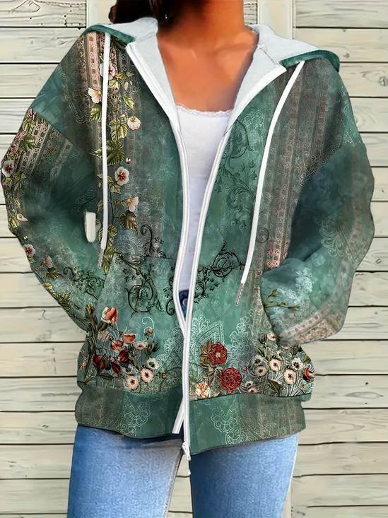 Damen Frühling/Herbst Oberbekleidung Lässig Print Geblümt Langarm Kapuze Jacke