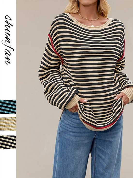 Damen Gestreift Nahtverarbeitung Winter Straße Langarm Rundhals Pullover