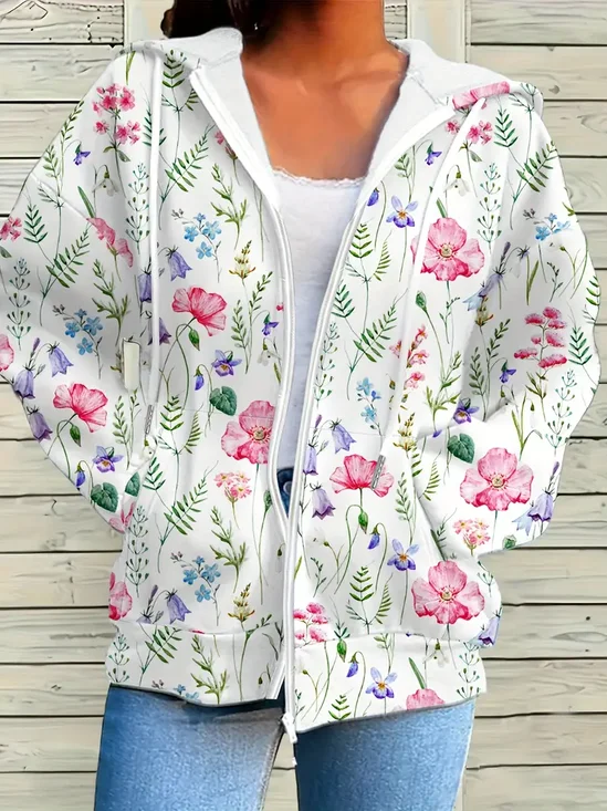 Damen Frühling/Herbst Oberbekleidung Lässig Print Geblümt Langarm Kapuze Jacke