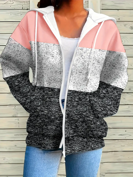 Damen Frühling/Herbst Oberbekleidung Lässig Print Multifarben Block Langarm Kapuze Jacke