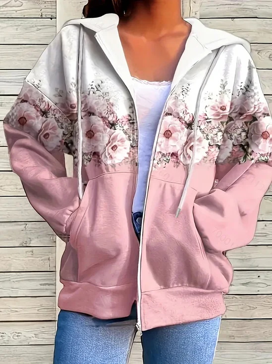 Damen Frühling/Herbst Oberbekleidung Lässig Print Geblümt Langarm Kapuze Jacke