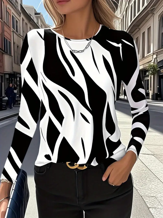 Damen Abstrakt Langarm T-Shirts T-Shirt Rundhals Print Lässig Frühling/Herbst T-Shirt mit Grafik Oberteile