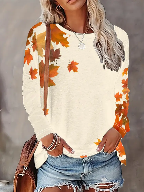 Damen Ahornblatt Langarm T-Shirts T-Shirt Rundhals Print Lässig Frühling/Herbst T-Shirt mit Grafik Oberteile