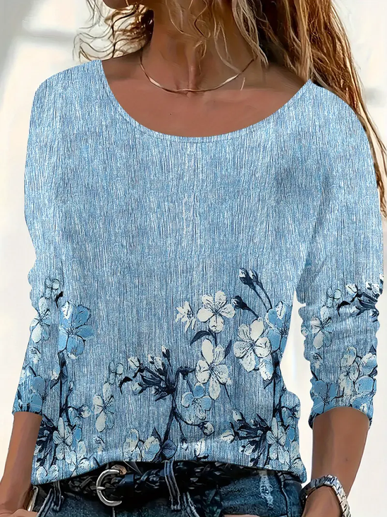 Damen Geblümt Langarm T-Shirts T-Shirt Rundhals Print Lässig Frühling/Herbst T-Shirt mit Grafik Oberteile