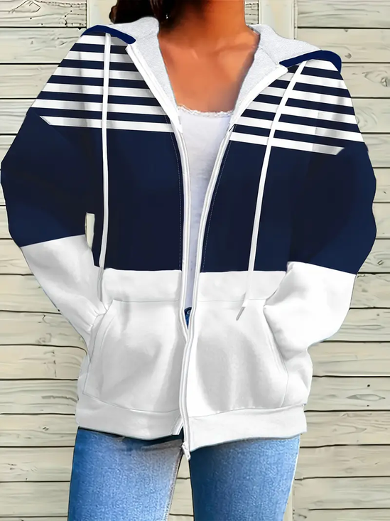 Damen Frühling/Herbst Oberbekleidung Lässig Print Gestreift Langarm Kapuze Jacke