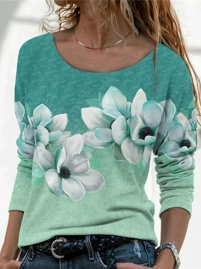 Damen Geblümt Langarm T-Shirts T-Shirt Rundhals Print Lässig Frühling/Herbst T-Shirt mit Grafik Oberteile