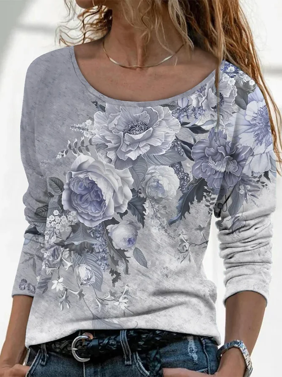 Damen Geblümt Langarm T-Shirts T-Shirt Rundhals Print Lässig Frühling/Herbst T-Shirt mit Grafik Oberteile