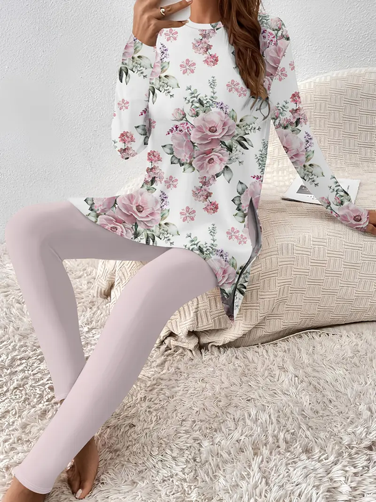 Damen Geblümt Print Zweiteiliges Set Täglich Langarm Lässig Frühling/Herbst Bluse mit Hose Matching Set