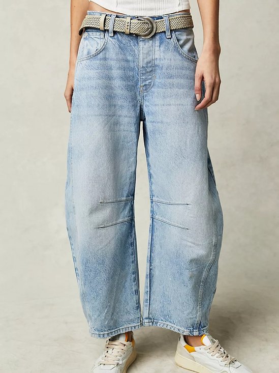 Schnalle Baumwolle Weit Lässig Damen Weit Hose mit Weitem Bein Mitte-niedrig Erheben Gewaschen Krummsäbel Hose Jeans