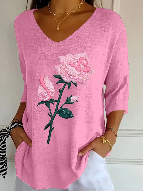 Damen Geblümt Dreiviertelärmel T-Shirts T-Shirt V-Ausschnitt Print Lässig Frühling/Herbst T-Shirt mit Grafik Oberteile