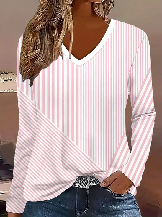 Damen Gestreift Langarm T-Shirts T-Shirt V-Ausschnitt Print Lässig Frühling/Herbst T-Shirt mit Grafik Oberteile