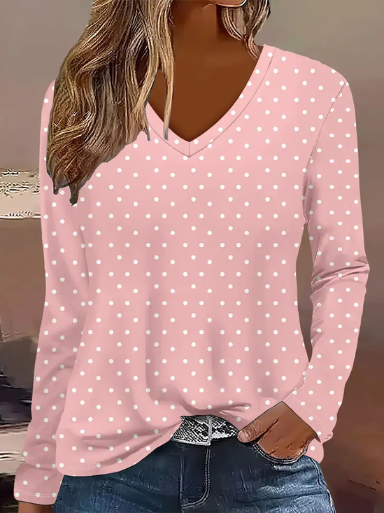Damen Polka Dots Langarm T-Shirts T-Shirt V-Ausschnitt Print Lässig Frühling/Herbst T-Shirt mit Grafik Oberteile