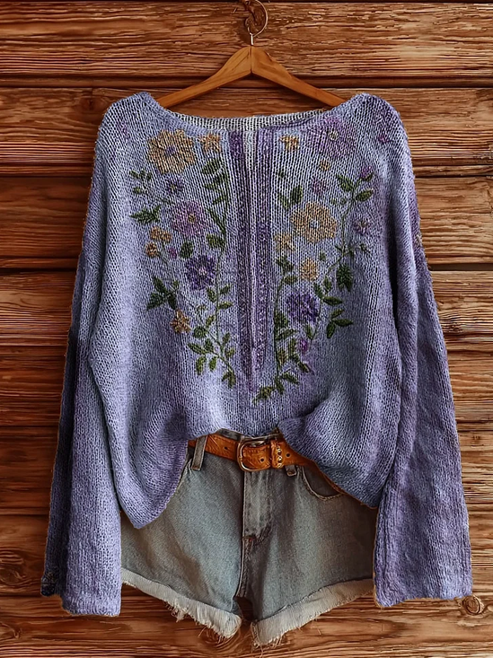 Damen Blumenmuster Lässig Langarm Oberteile