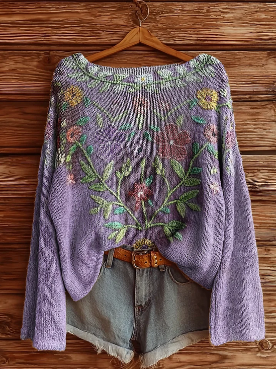 Damen Blumenmuster Lässig Langarm Oberteile