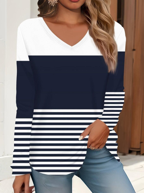 Damen Gestreift Langarm T-Shirts T-Shirt V-Ausschnitt Print Lässig Frühling/Herbst T-Shirt mit Grafik Oberteile