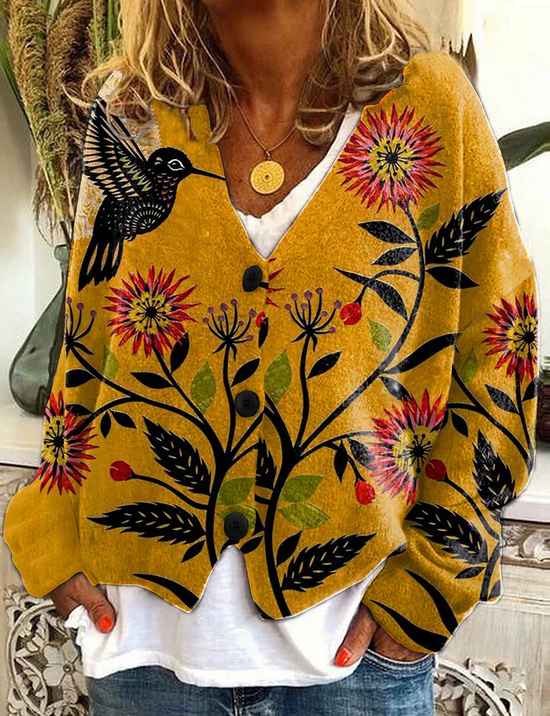 Damen Geblümt Lässig Frühling/Herbst Print Strickjacke