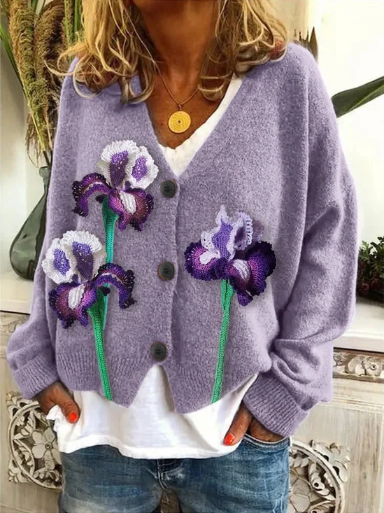 Damen Geblümt Lässig Frühling/Herbst Print Strickjacke