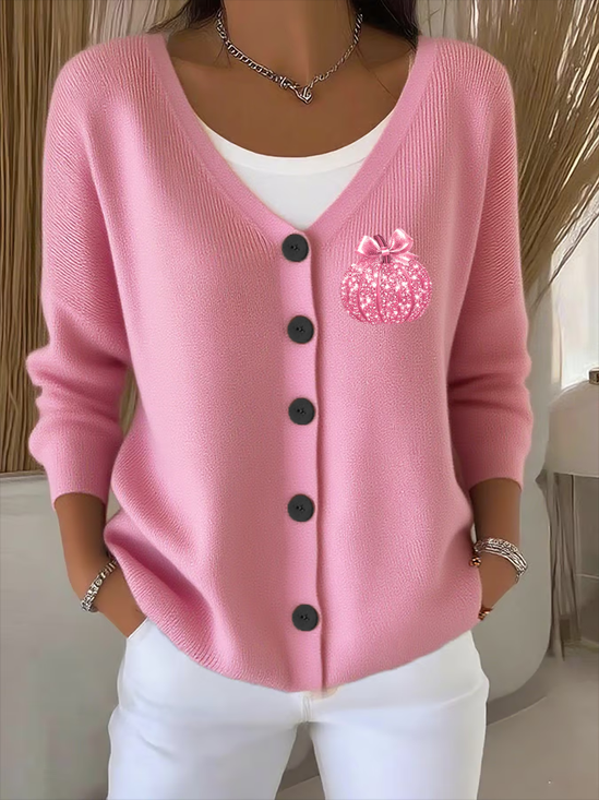 Damen Kürbismuster Lässig Frühling/Herbst Print Strickjacke