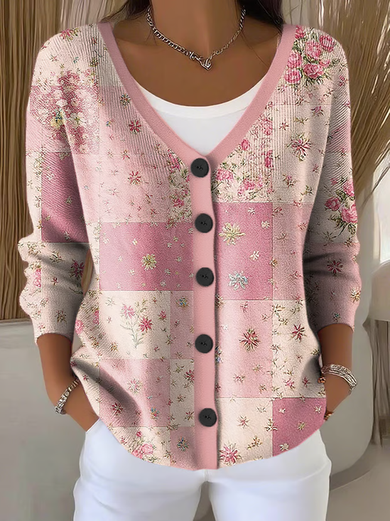 Damen Geblümt Lässig Frühling/Herbst Print Strickjacke