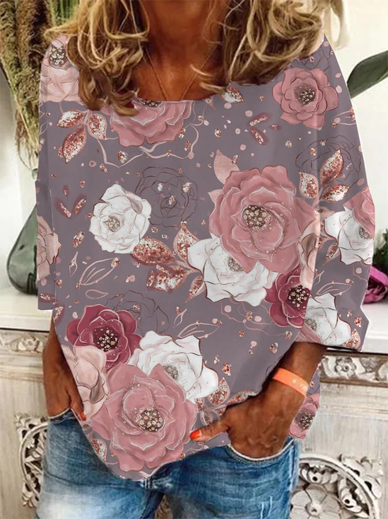 Damen Geblümt Langarm T-Shirts T-Shirt Rundhals Print Lässig Frühling/Herbst T-Shirt mit Grafik Oberteile