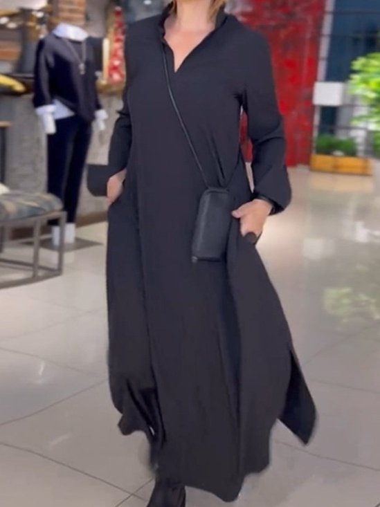 Damen Unifarben Langarm Frühling/Herbst Nahtverarbeitung Kleid V-Ausschnitt Täglich Retro Maxikleid Blusenkleid A-Linien-Kleid