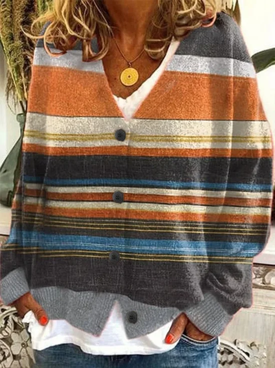 Damen Gestreift Lässig Frühling/Herbst Print Strickjacke