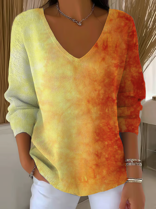 Damen Farbverlauf Langarm T-Shirts T-Shirt V-Ausschnitt Print Lässig Frühling/Herbst Oberteile