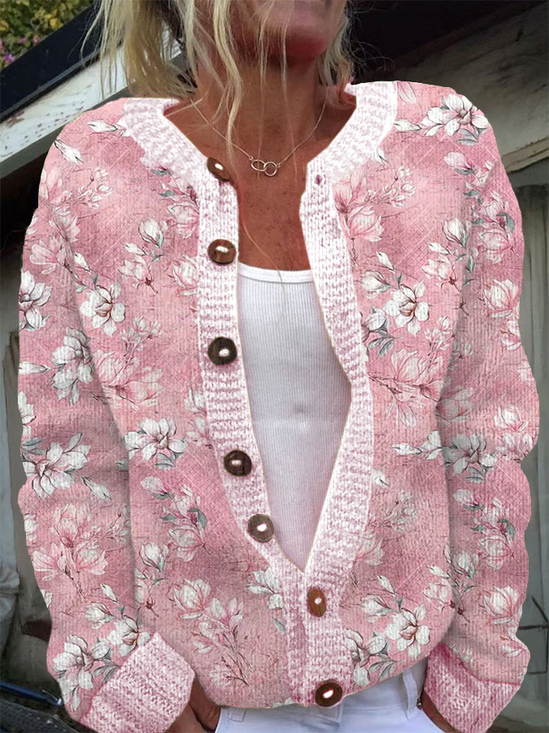 Damen Geblümt Lässig Frühling/Herbst Print Strickjacke