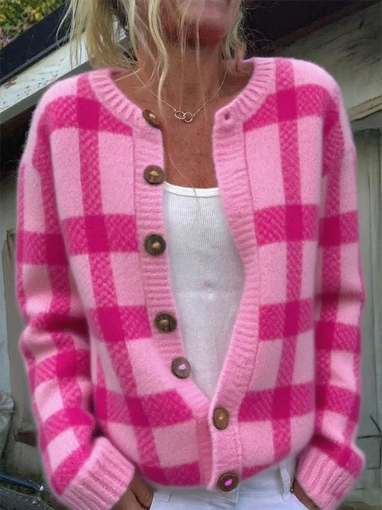 Damen Kariert Lässig Frühling/Herbst Print Strickjacke