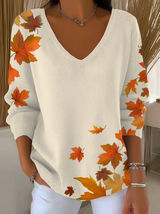 Damen Ahornblatt Langarm T-Shirts T-Shirt V-Ausschnitt Print Lässig Frühling/Herbst Oberteile