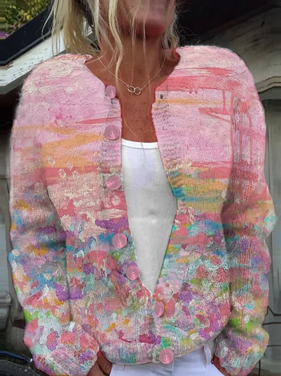Damen Abstrakt Lässig Frühling/Herbst Print Strickjacke