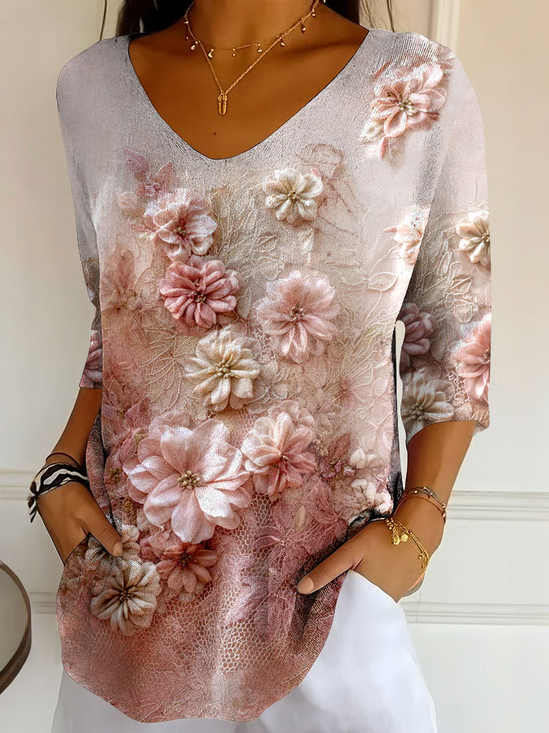 Damen Geblümt Dreiviertelärmel T-Shirts T-Shirt V-Ausschnitt Print Lässig Frühling/Herbst T-Shirt mit Grafik Oberteile