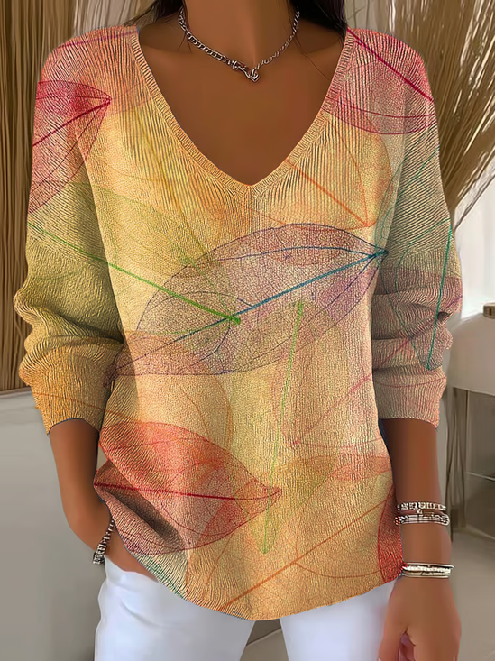 Damen Ahornblatt Langarm T-Shirts T-Shirt V-Ausschnitt Print Lässig Frühling/Herbst Oberteile
