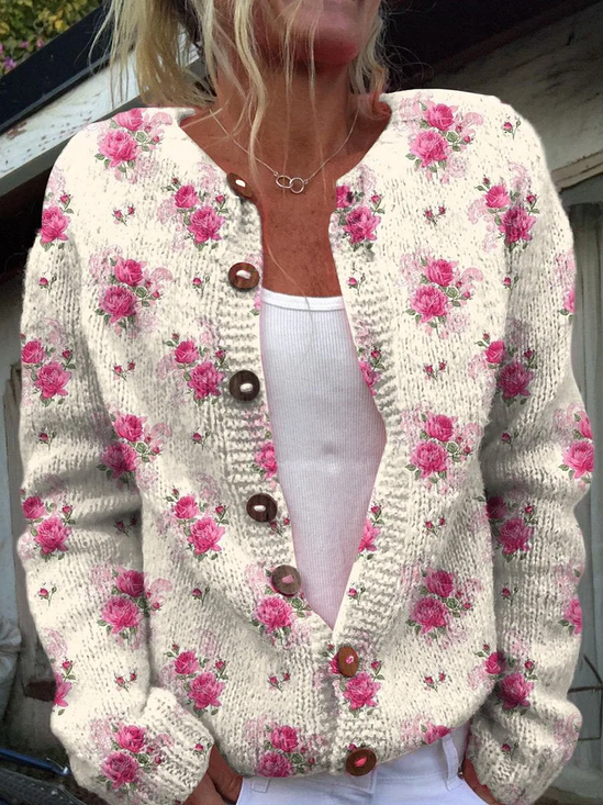 Damen Geblümt Lässig Frühling/Herbst Print Strickjacke