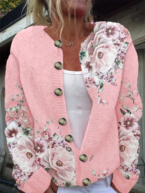 Damen Geblümt Lässig Frühling/Herbst Print Strickjacke