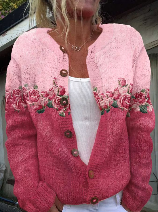 Damen Geblümt Lässig Frühling/Herbst Print Strickjacke