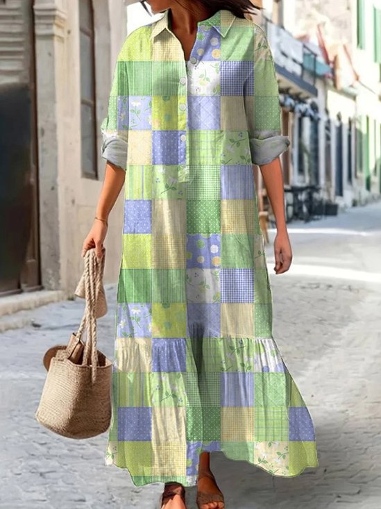 Damen Geblümt Langarm V-Ausschnitt Kleid Täglich Lässig Maxikleid Blusenkleid A-Linien Frühling/Herbst Kleid
