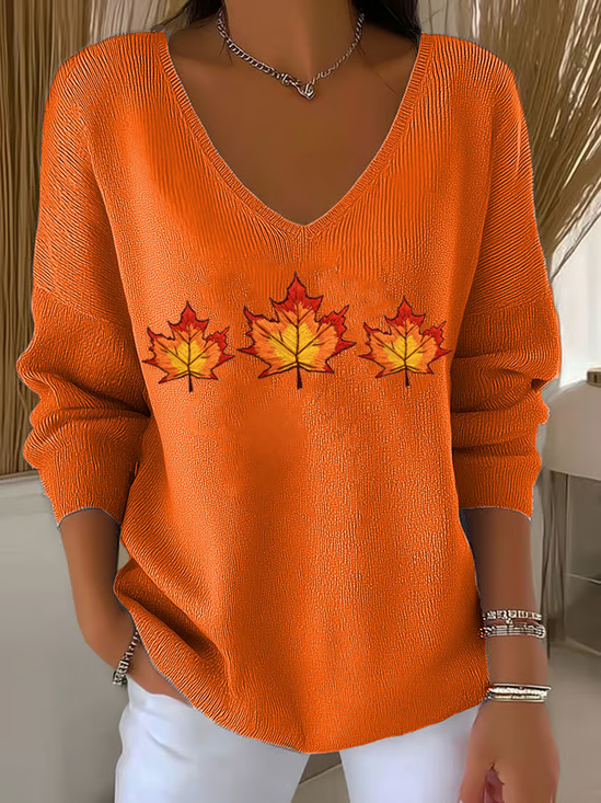 Damen Ahornblatt Langarm T-Shirts T-Shirt V-Ausschnitt Print Lässig Frühling/Herbst Oberteile