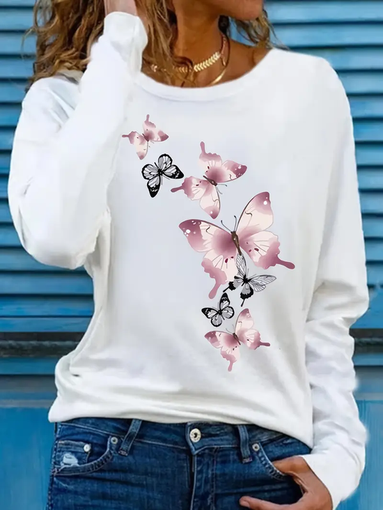 Damen Schmetterling Langarm T-Shirts T-Shirt Rundhals Print Lässig Frühling/Herbst T-Shirt mit Grafik Oberteile
