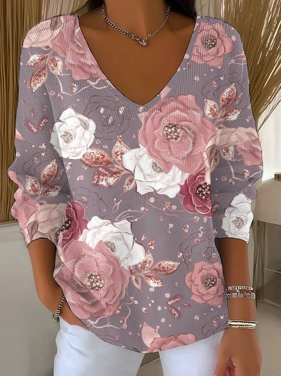 Damen Geblümt Langarm T-Shirts T-Shirt V-Ausschnitt Print Lässig Frühling/Herbst Oberteile